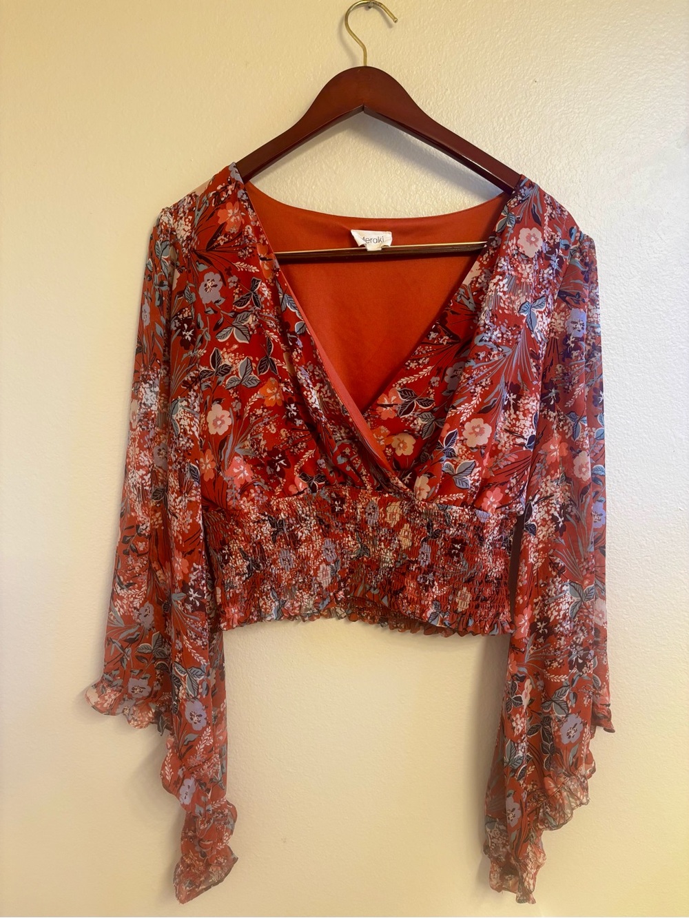 Meraki Bell Sleeve Rust Boho Smocked Waist Wrap Style Blouse Size XL witchy